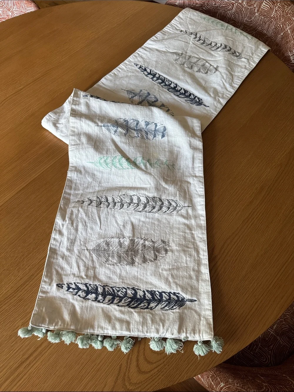 Hand-Printed Feather Table Runner - White with Blue and Mint Accents